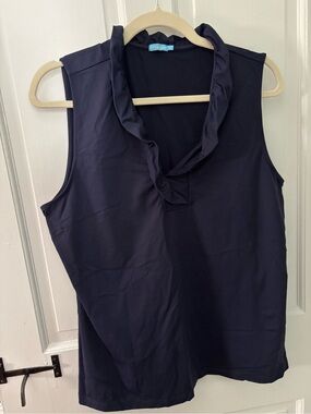 J McLaughlin Catalina Sleeveless Navy Ruffle Collar Women's Top XL FITS LIKE L
